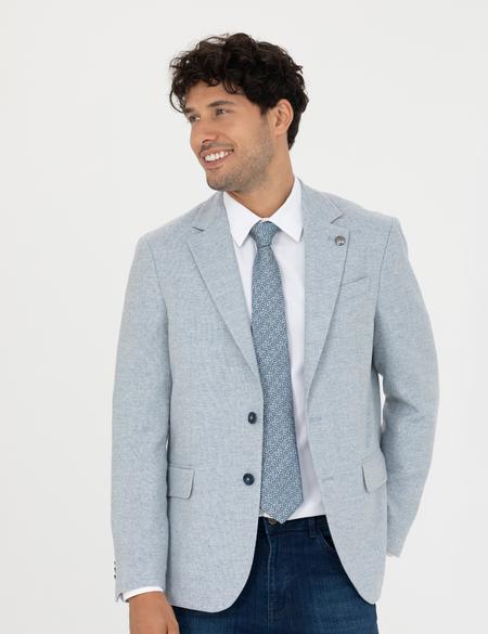 Açık Mavi Yün Karışımlı Slim Fit Ceket - 50273166050