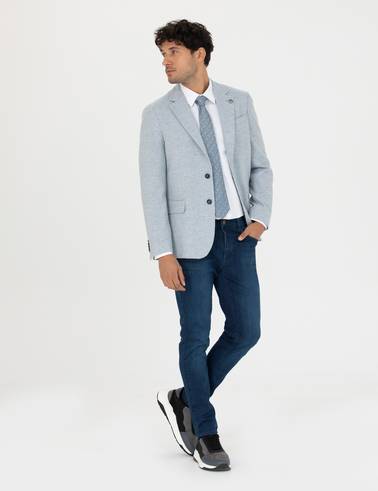 Açık Mavi Yün Karışımlı Slim Fit Ceket