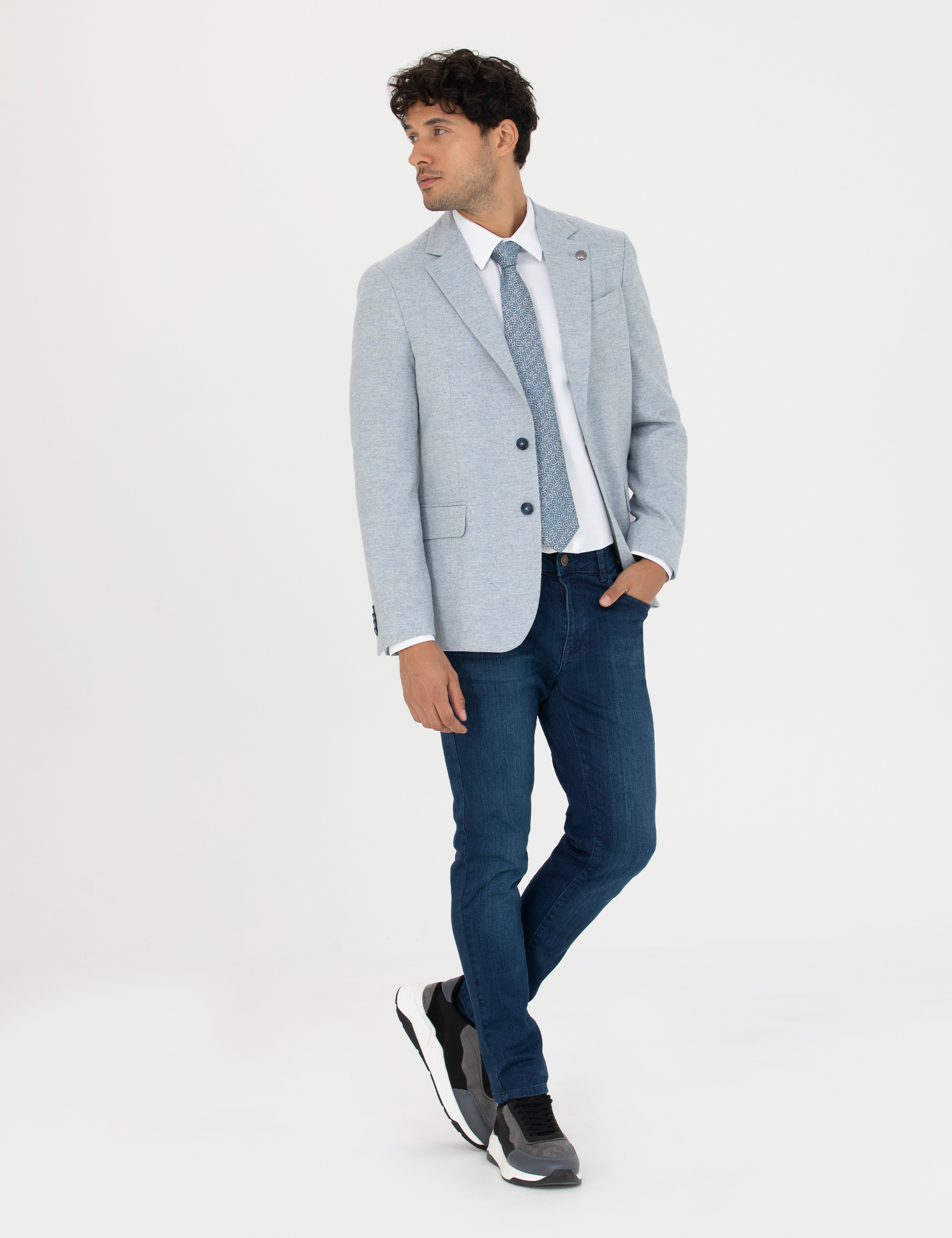 Açık Mavi Yün Karışımlı Slim Fit Ceket - Image 4
