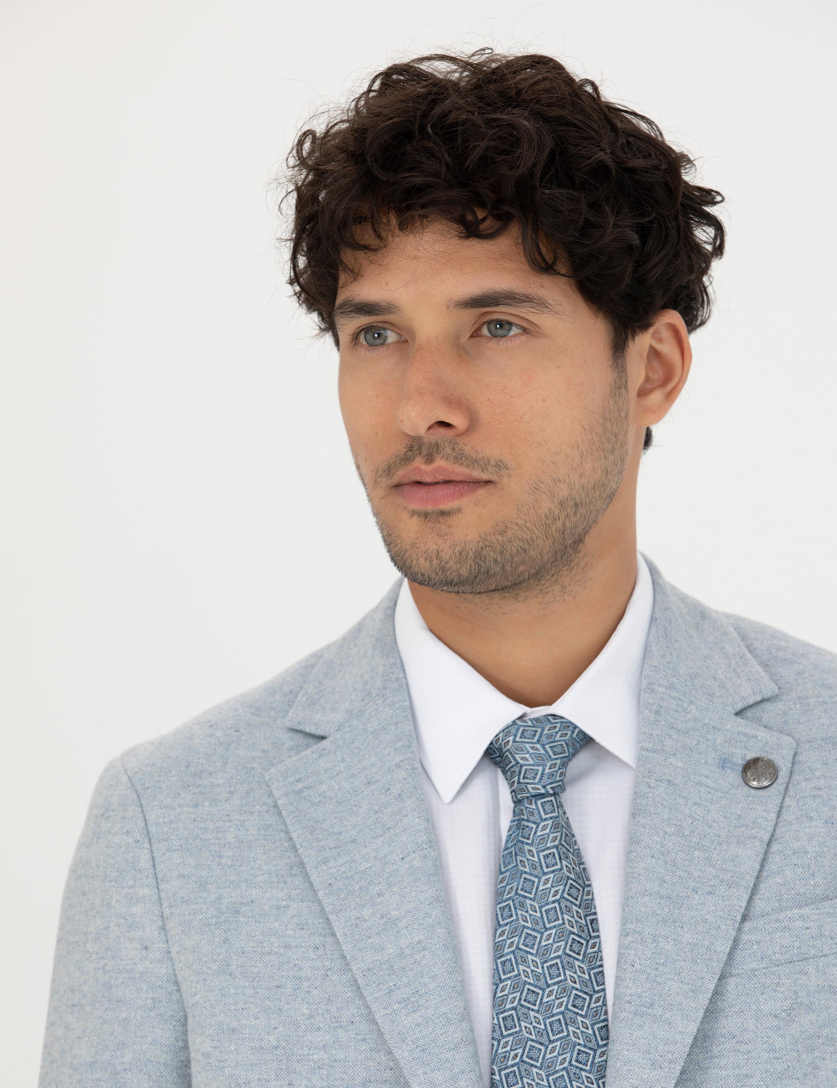 Açık Mavi Yün Karışımlı Slim Fit Ceket