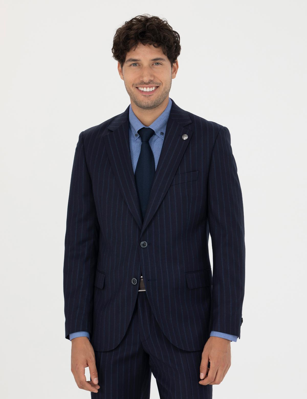 %100 Yün Lacivert Çizgili Ekstra Slim Fit Takım Elbise - 50273459017