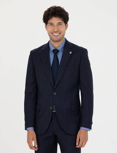 %100 Yün Lacivert Çizgili Ekstra Slim Fit Takım Elbise