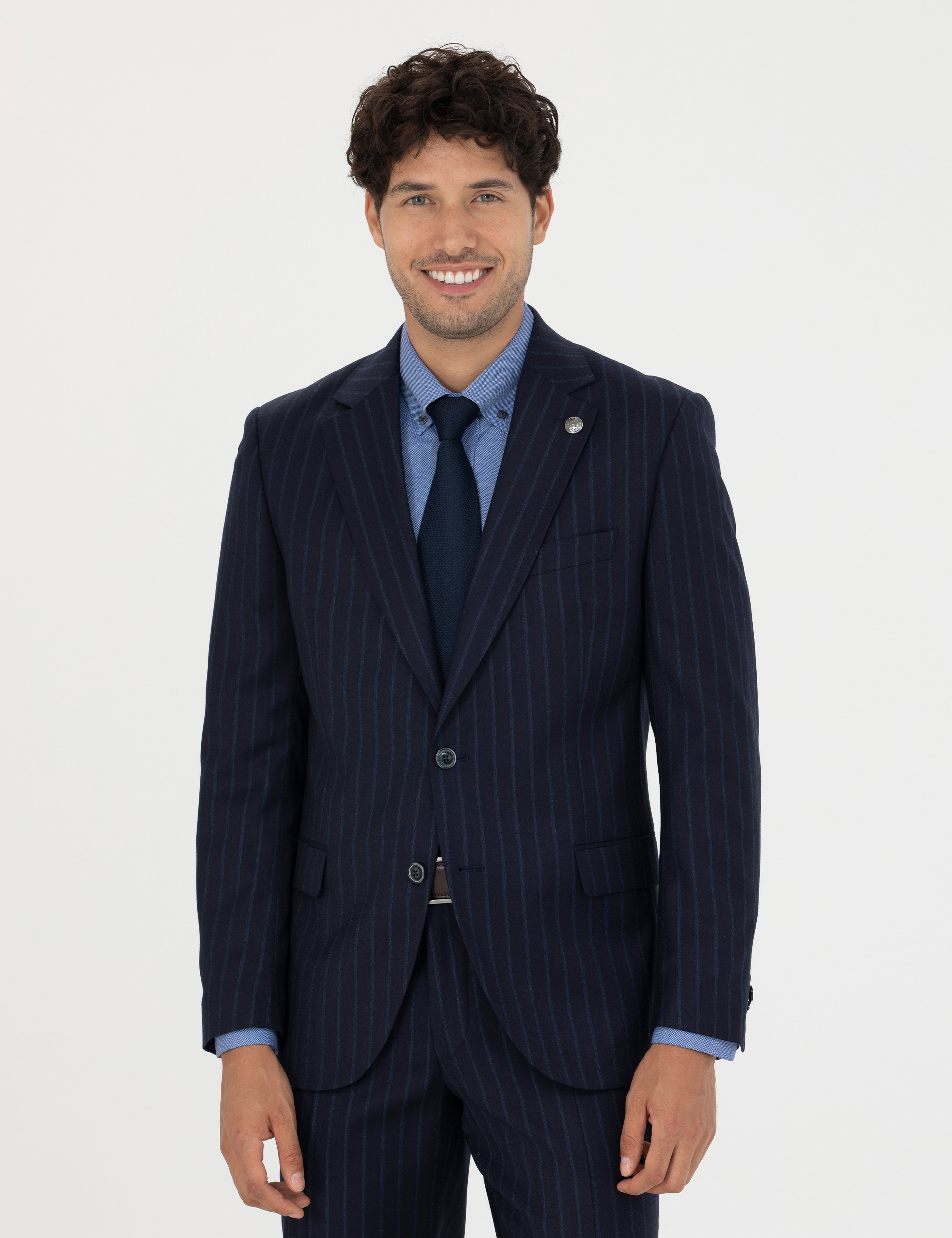 %100 Yün Lacivert Çizgili Ekstra Slim Fit Takım Elbise