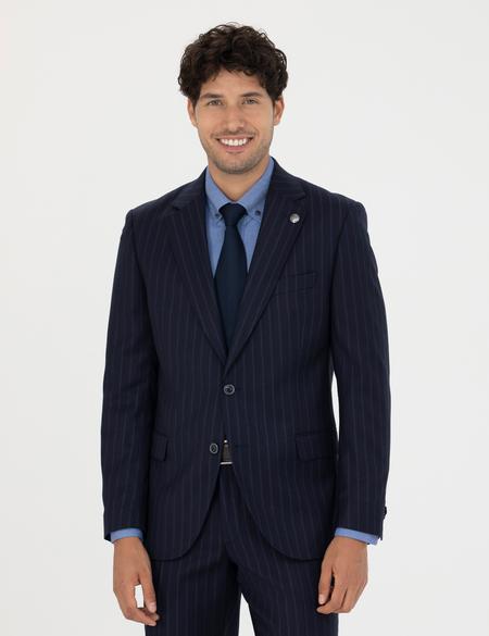 %100 Yün Lacivert Çizgili Ekstra Slim Fit Takım Elbise - 50273459017