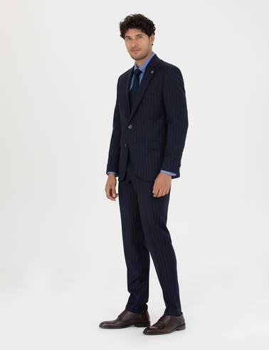 %100 Yün Lacivert Çizgili Ekstra Slim Fit Takım Elbise