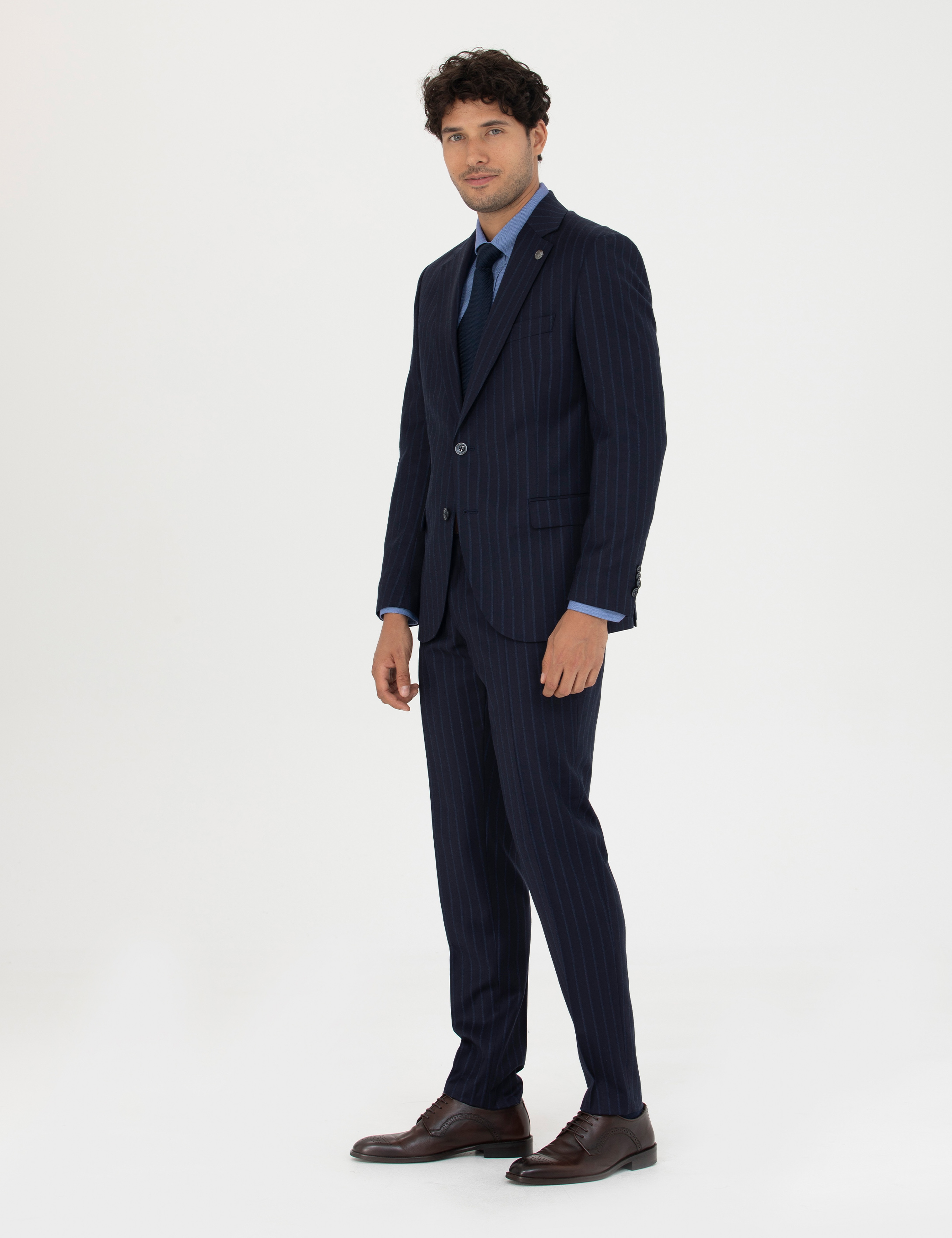 %100 Yün Lacivert Çizgili Ekstra Slim Fit Takım Elbise