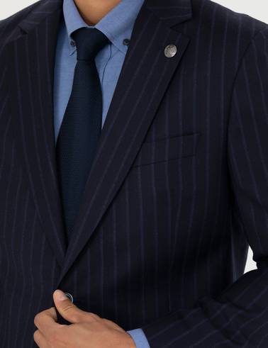%100 Yün Lacivert Çizgili Ekstra Slim Fit Takım Elbise