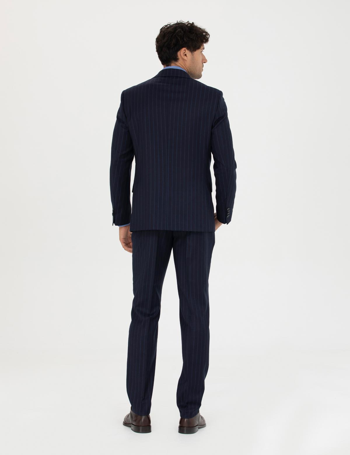 %100 Yün Lacivert Çizgili Ekstra Slim Fit Takım Elbise - 50273459017