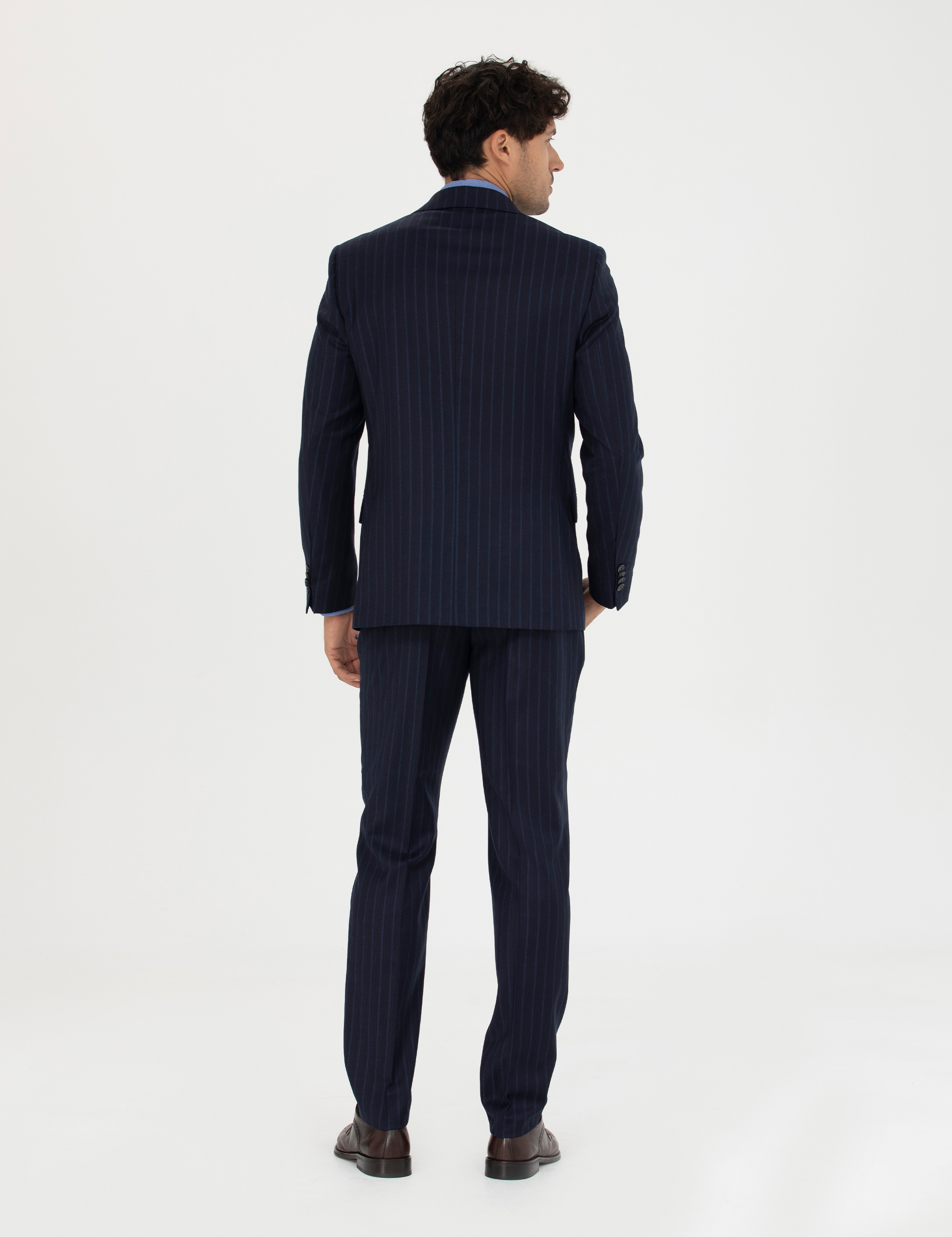 %100 Yün Lacivert Çizgili Ekstra Slim Fit Takım Elbise - Image 5