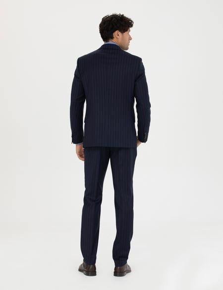 %100 Yün Lacivert Çizgili Ekstra Slim Fit Takım Elbise - 50273459017