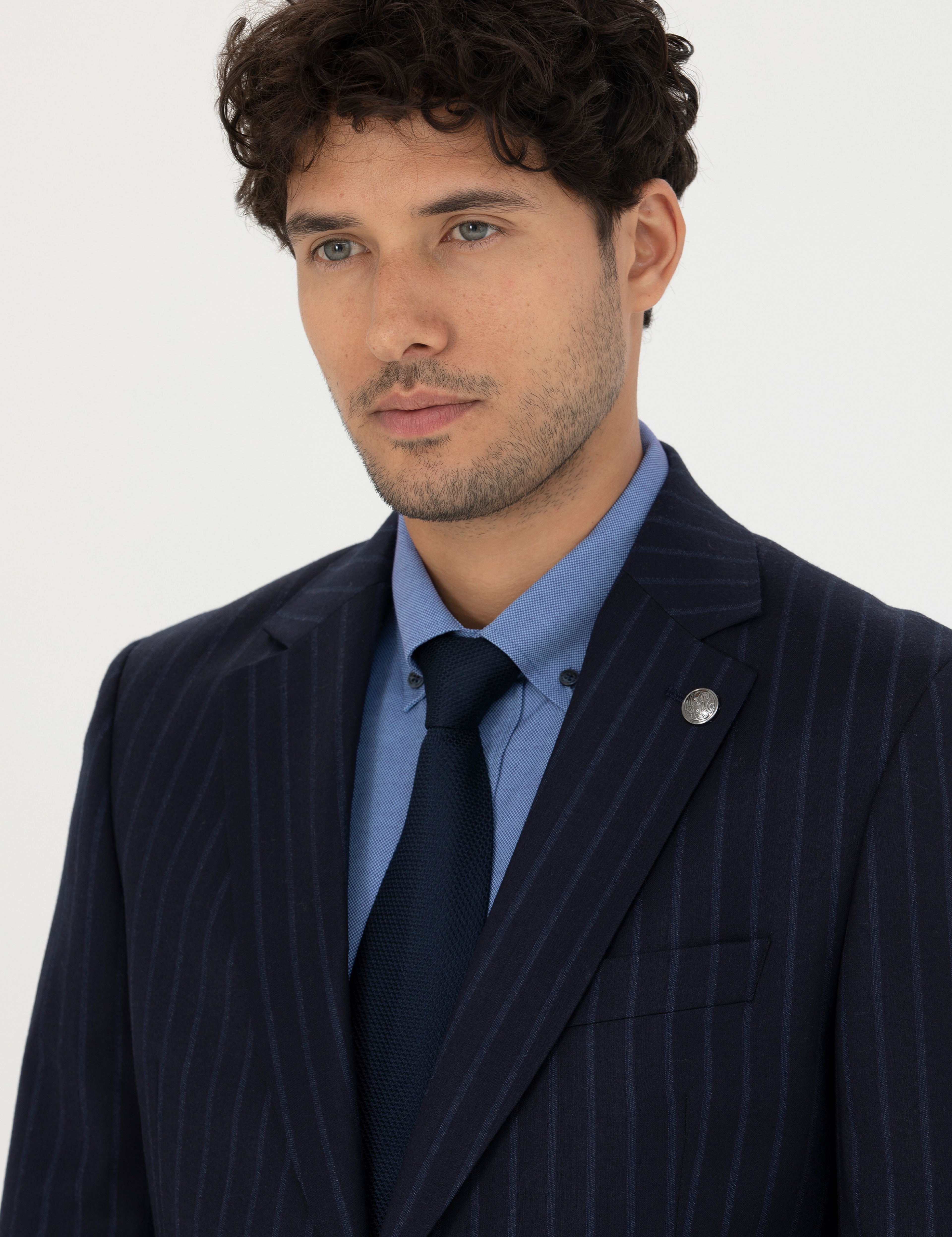 %100 Yün Lacivert Çizgili Ekstra Slim Fit Takım Elbise - Image 2