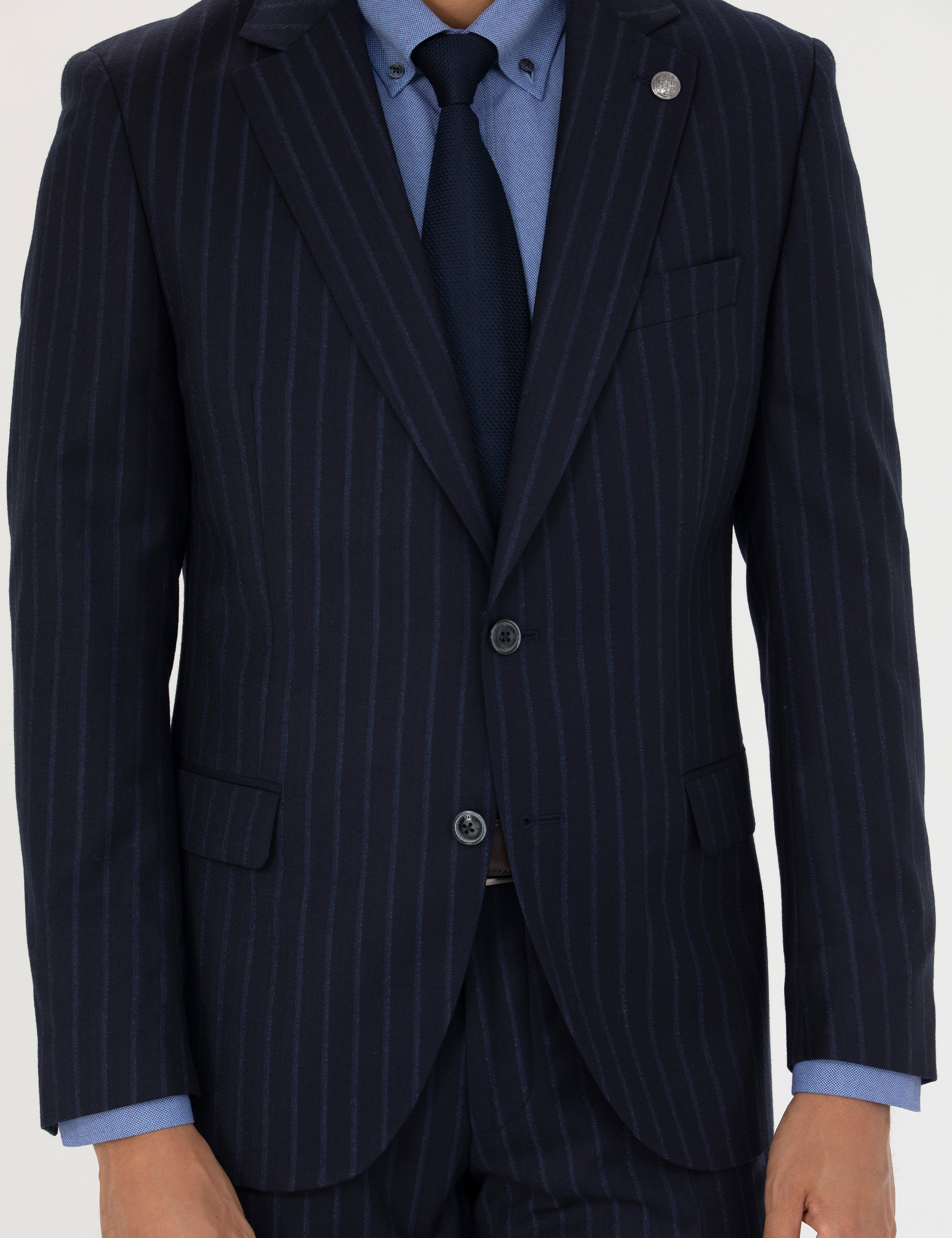 %100 Yün Lacivert Çizgili Ekstra Slim Fit Takım Elbise - Image 6