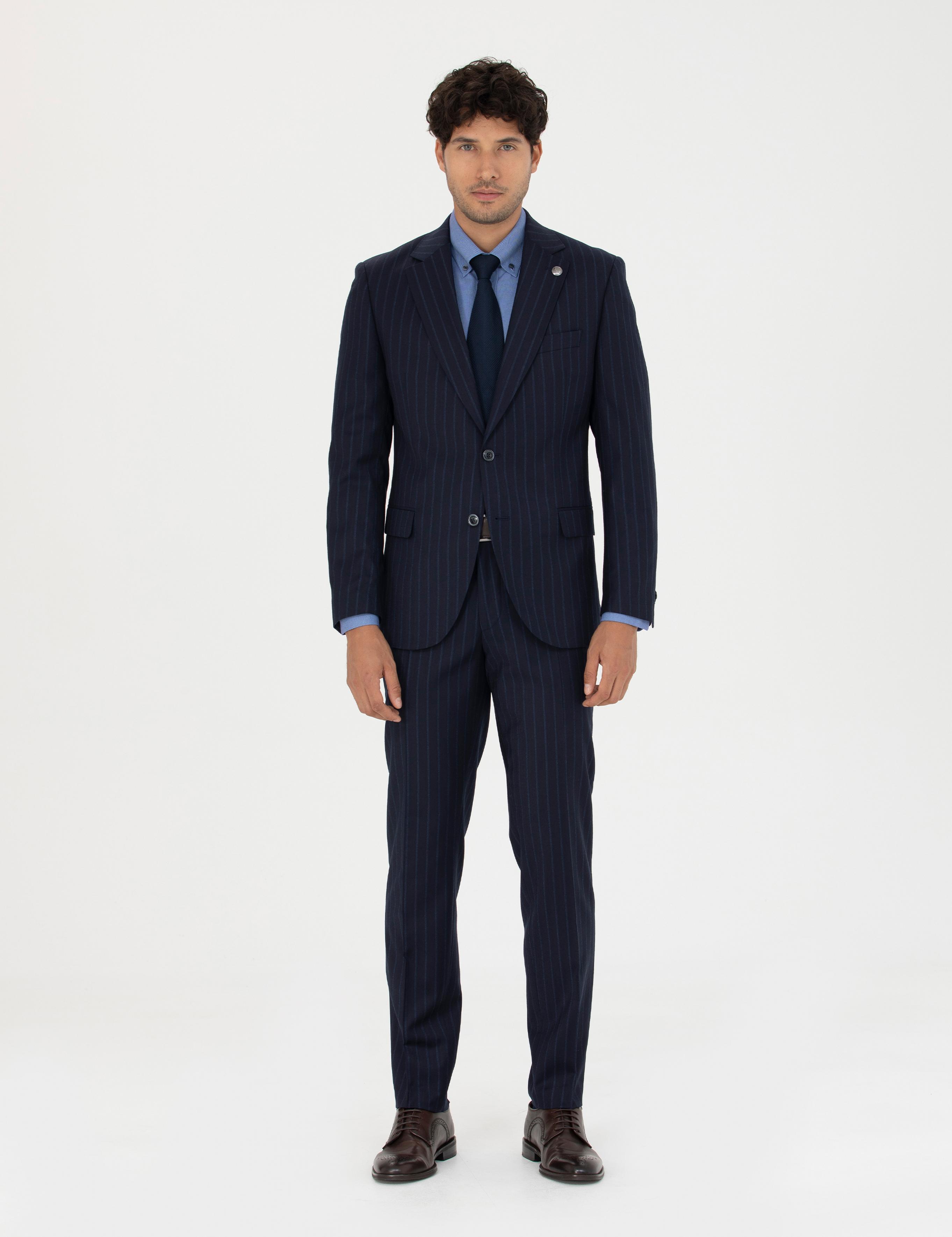 %100 Yün Lacivert Çizgili Ekstra Slim Fit Takım Elbise