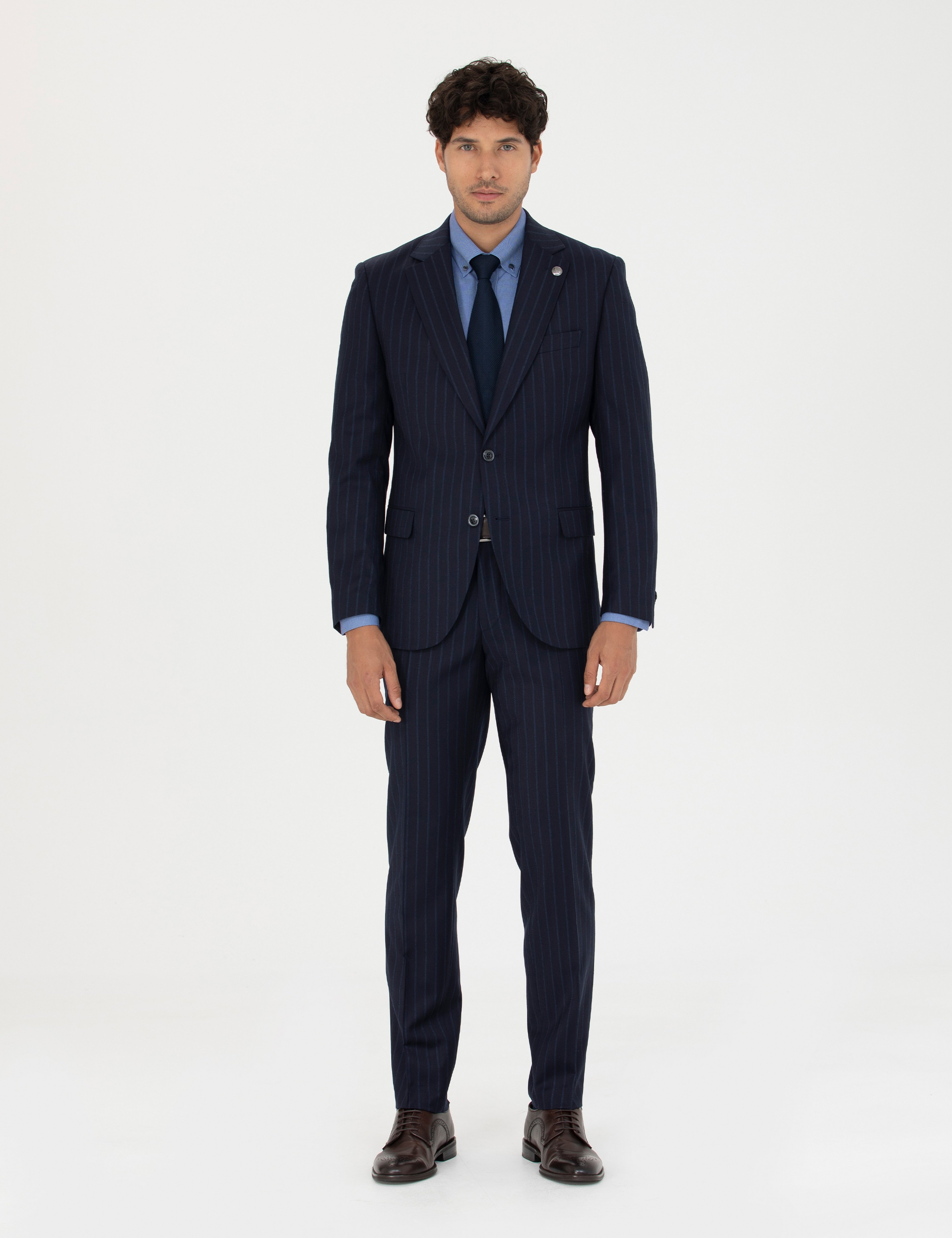 %100 Yün Lacivert Çizgili Ekstra Slim Fit Takım Elbise - Image 1