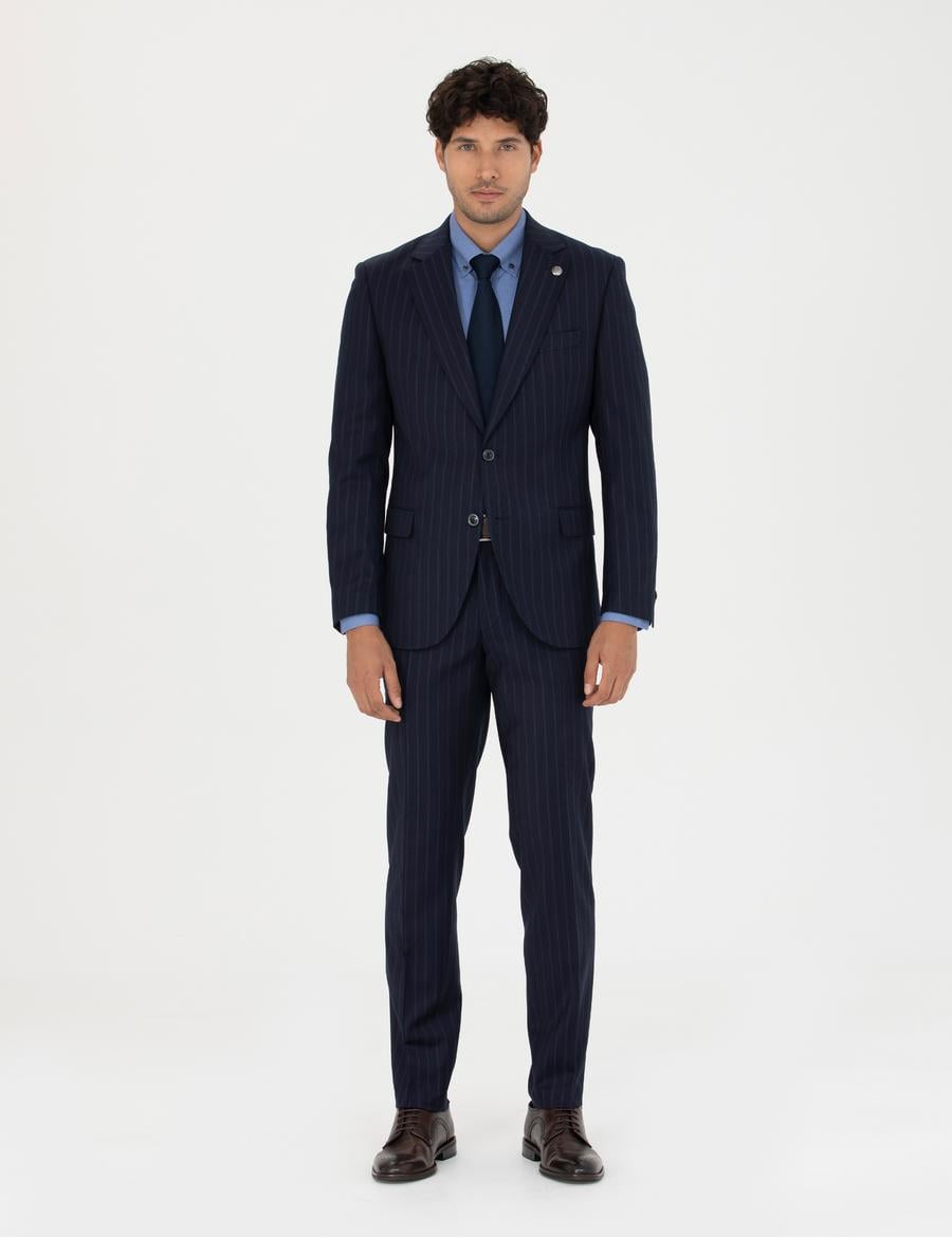 %100 Yün Lacivert Çizgili Ekstra Slim Fit Takım Elbise