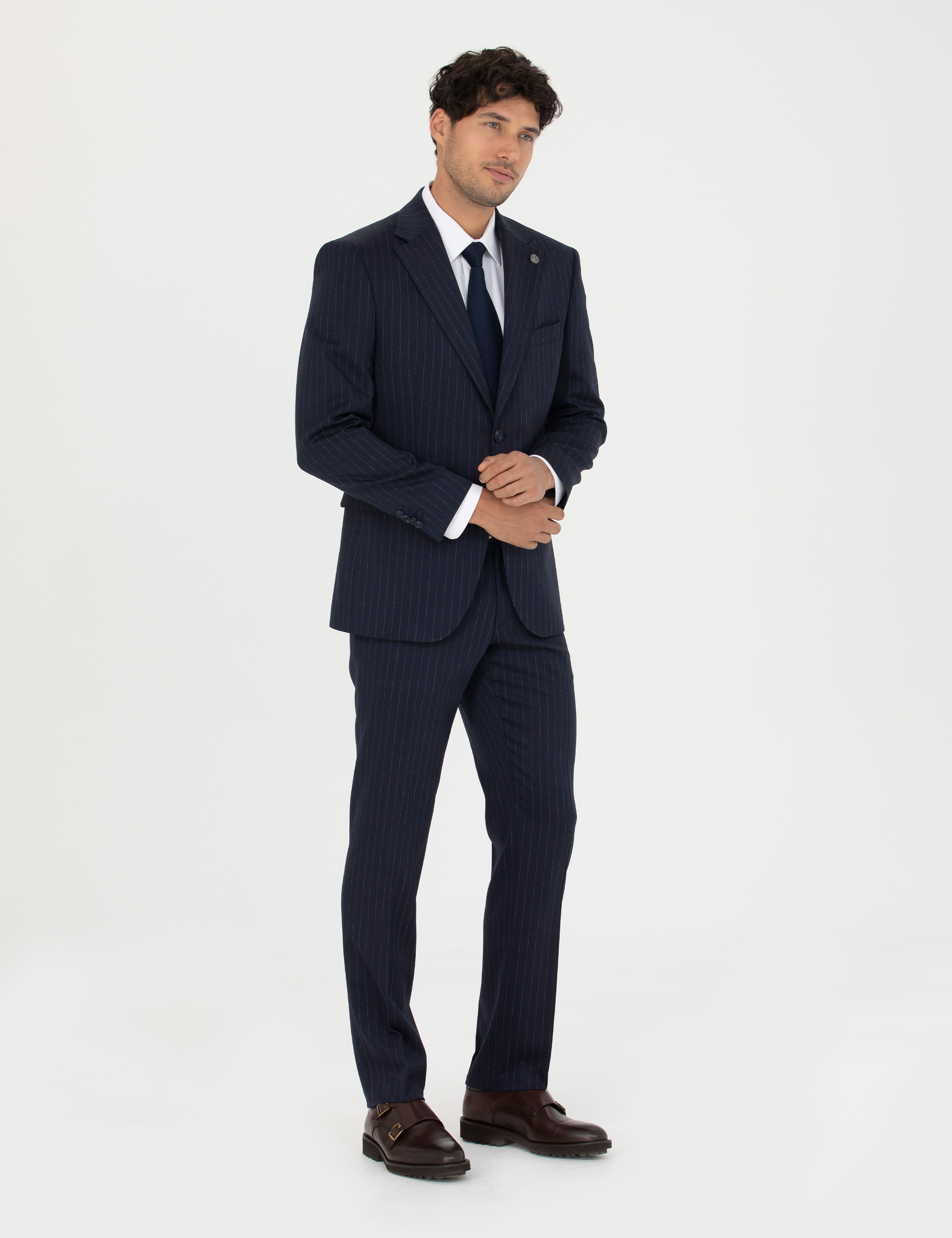 Lacivert Slim Fit Çizgili Yünlü Takım Elbise - Image 3