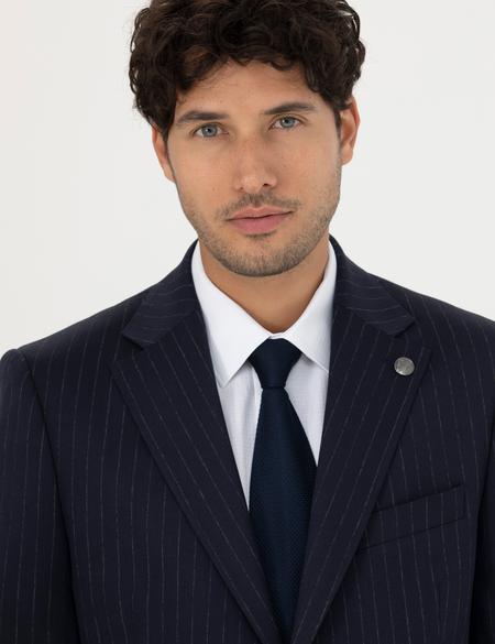 Lacivert Slim Fit Çizgili Yünlü Takım Elbise - 50279322026