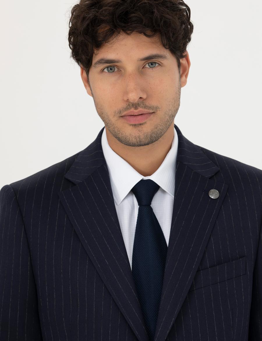 Lacivert Slim Fit Çizgili Yünlü Takım Elbise
