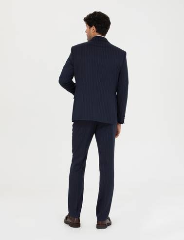 Lacivert Slim Fit Çizgili Yünlü Takım Elbise