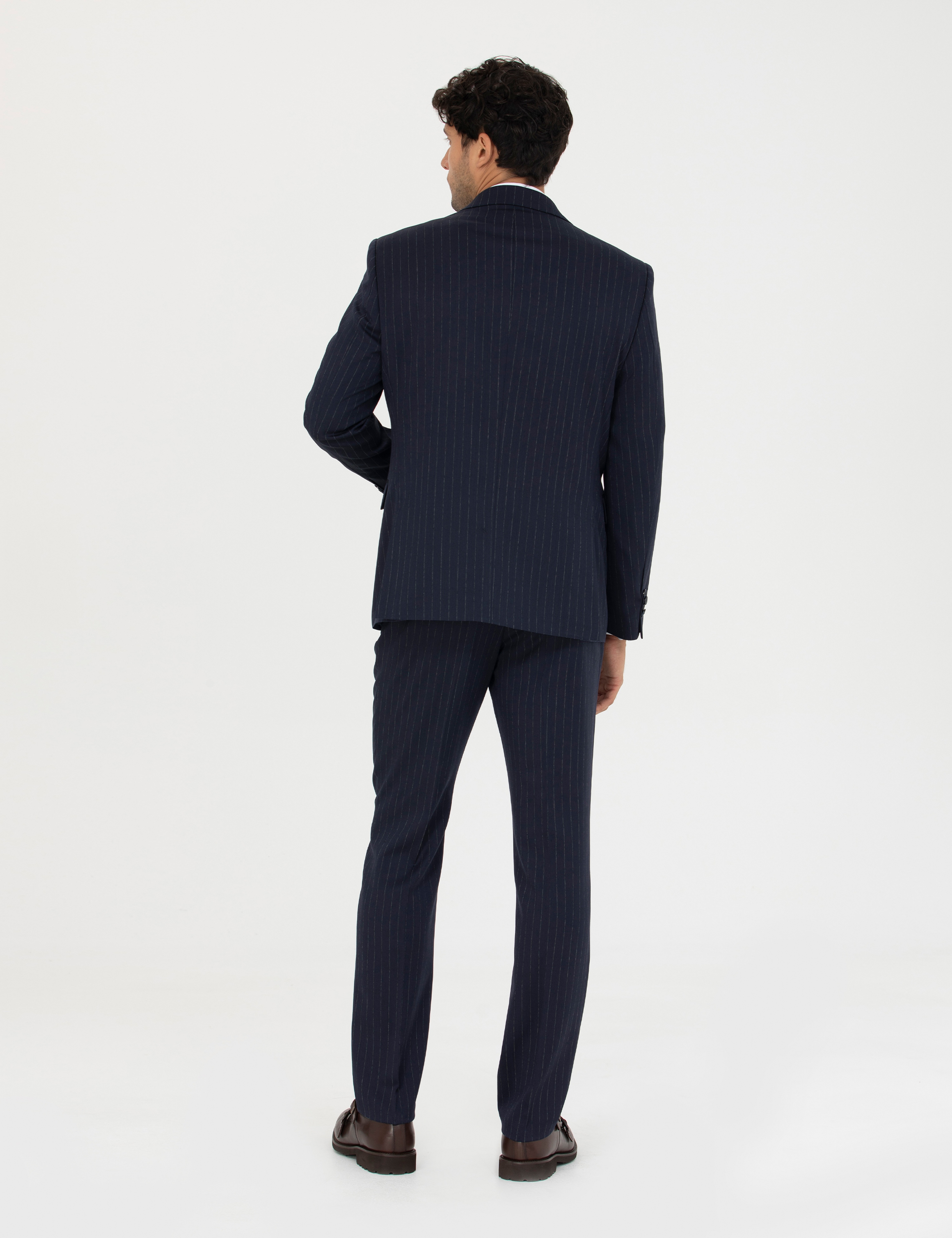 Lacivert Slim Fit Çizgili Yünlü Takım Elbise