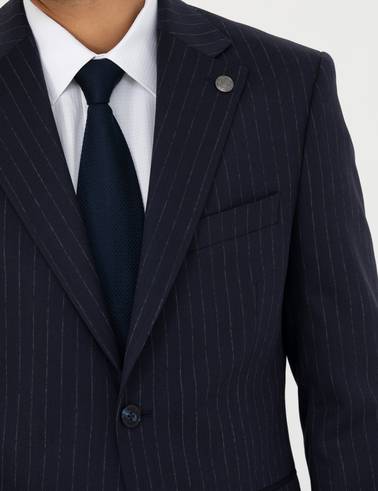 Lacivert Slim Fit Çizgili Yünlü Takım Elbise