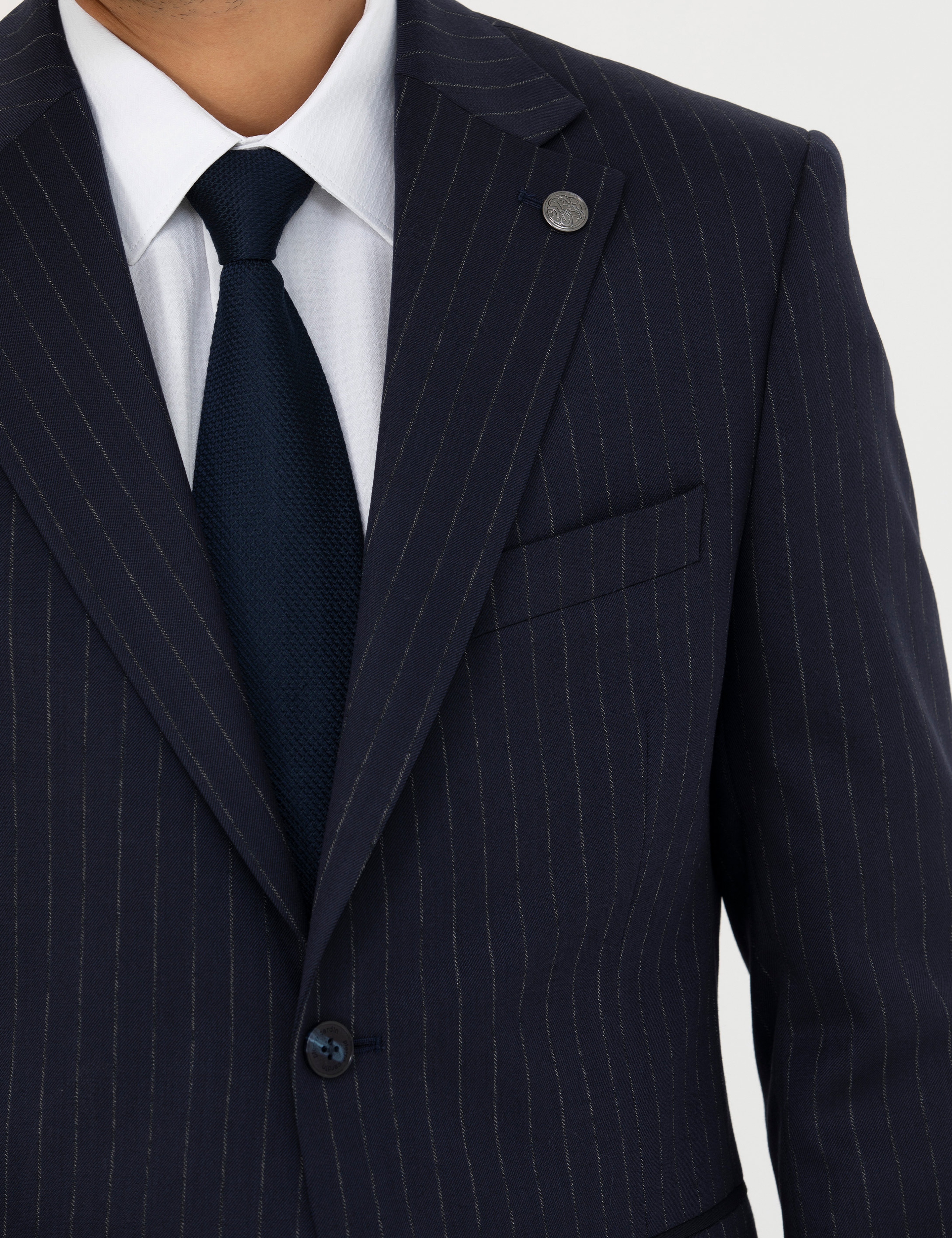 Lacivert Slim Fit Çizgili Yünlü Takım Elbise - Image 7