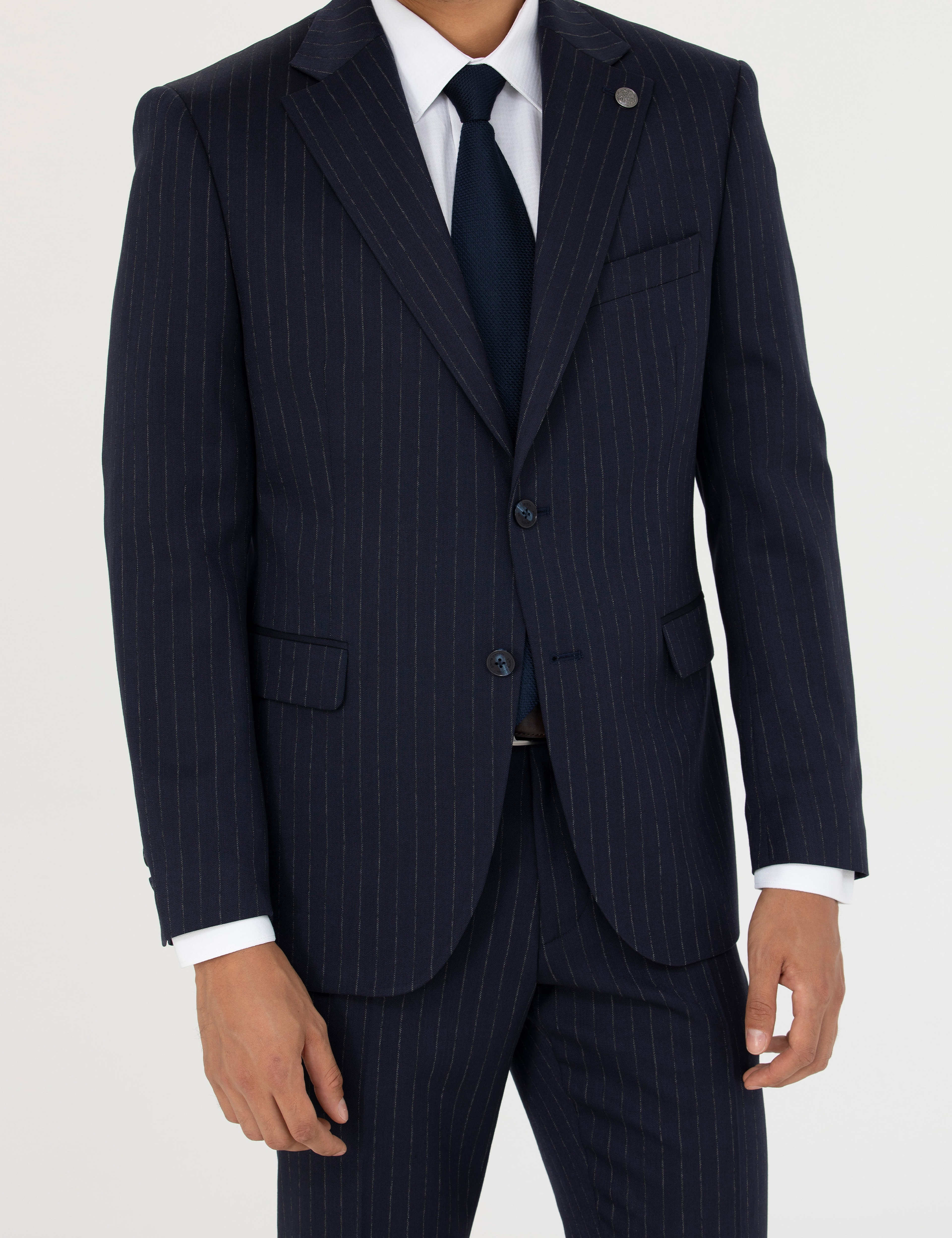 Lacivert Slim Fit Çizgili Yünlü Takım Elbise