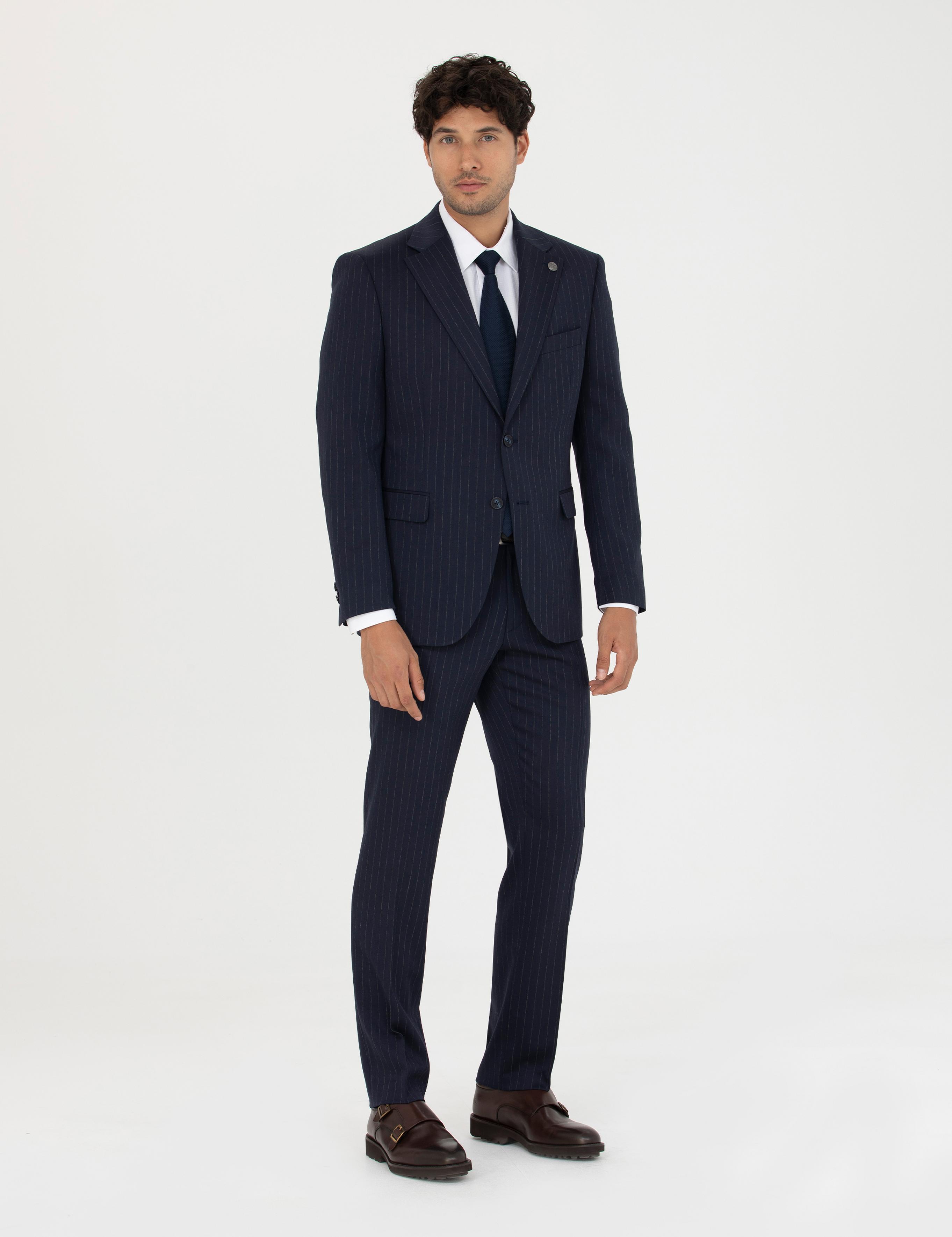 Lacivert Slim Fit Çizgili Yünlü Takım Elbise