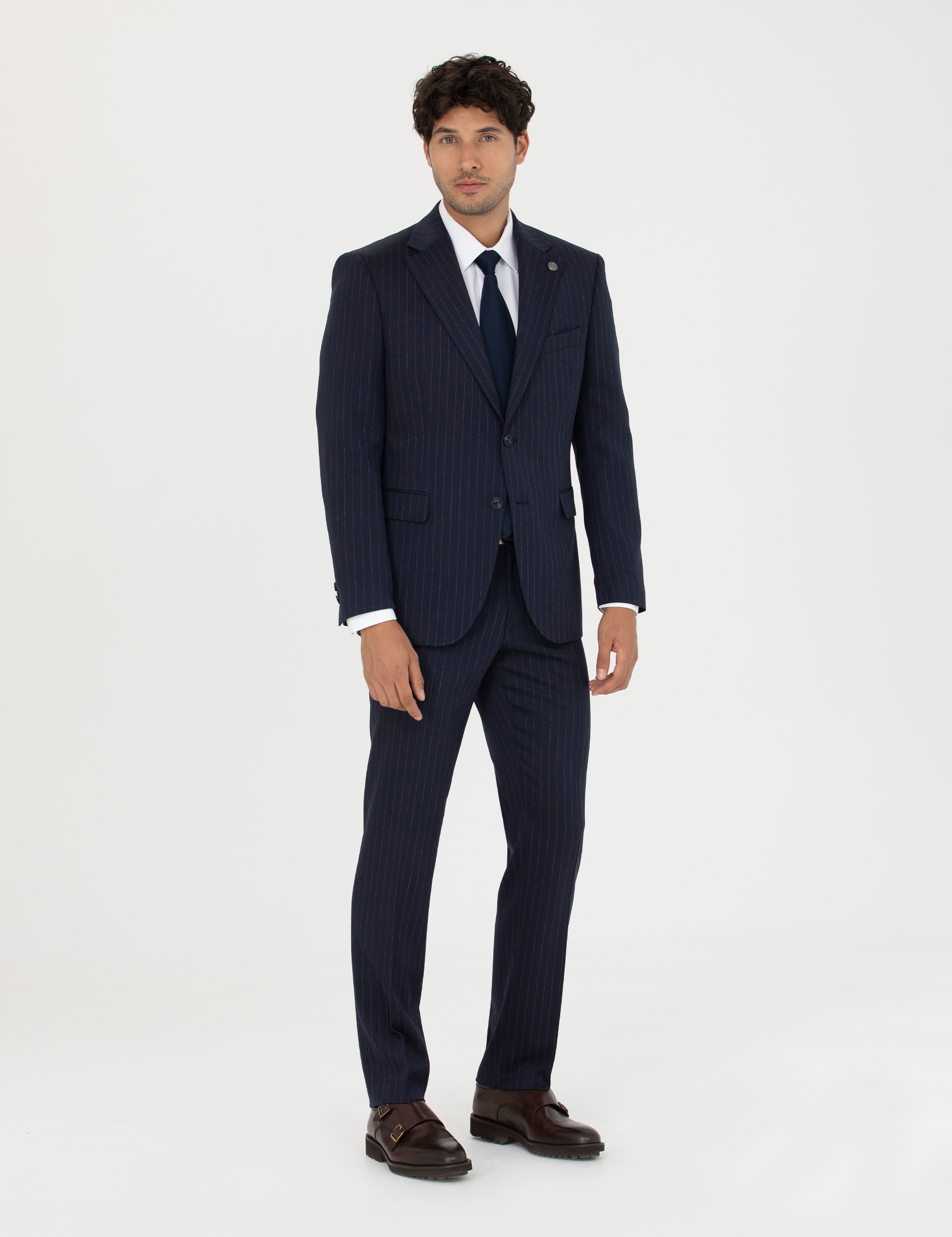 Lacivert Slim Fit Çizgili Yünlü Takım Elbise - Image 1