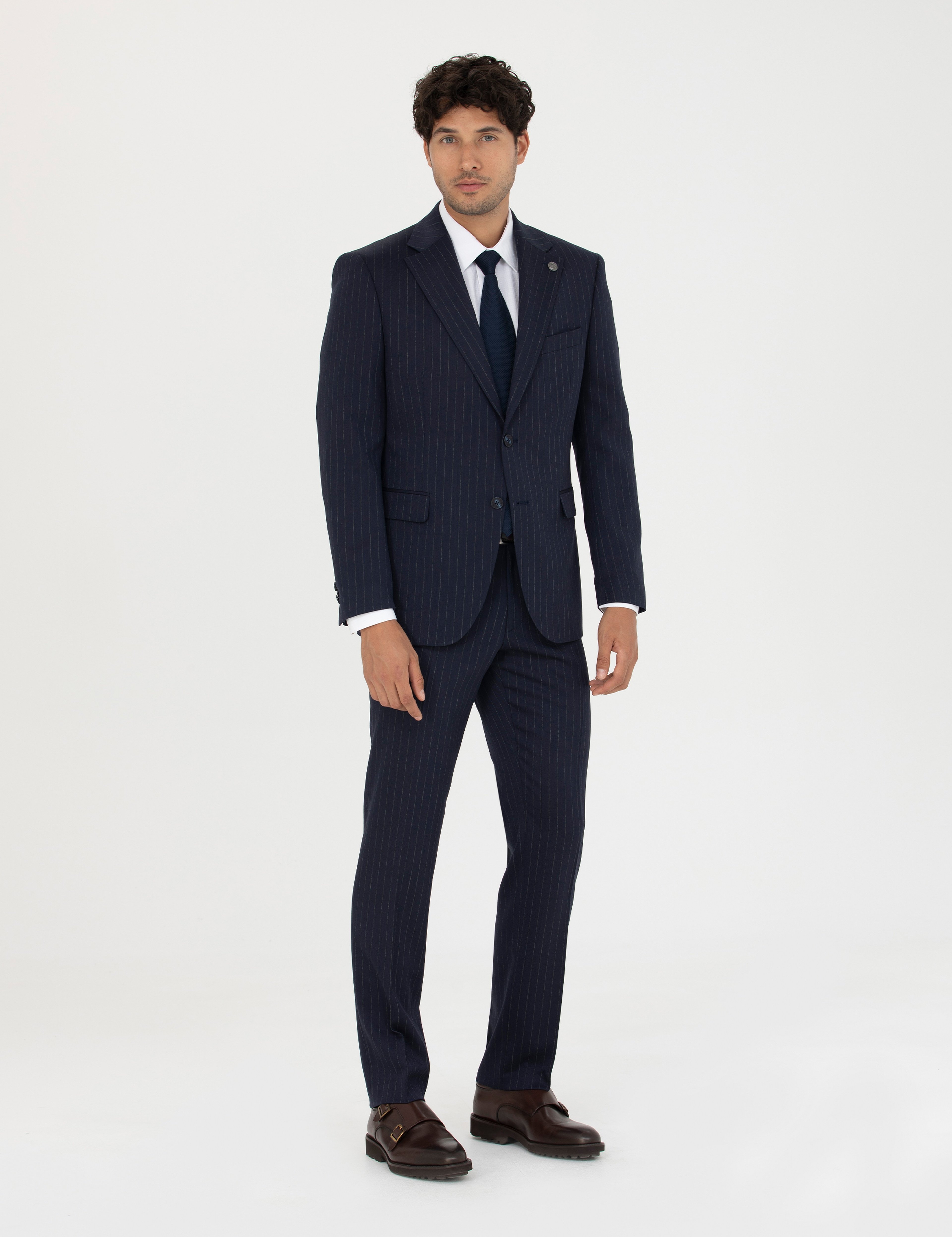 Lacivert Slim Fit Çizgili Yünlü Takım Elbise