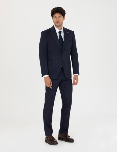 Lacivert Slim Fit Çizgili Yünlü Takım Elbise