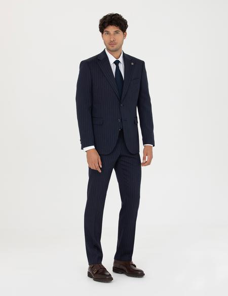 Lacivert Slim Fit Çizgili Yünlü Takım Elbise - 50279322026