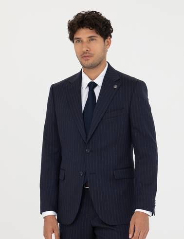 Lacivert Slim Fit Çizgili Yünlü Takım Elbise