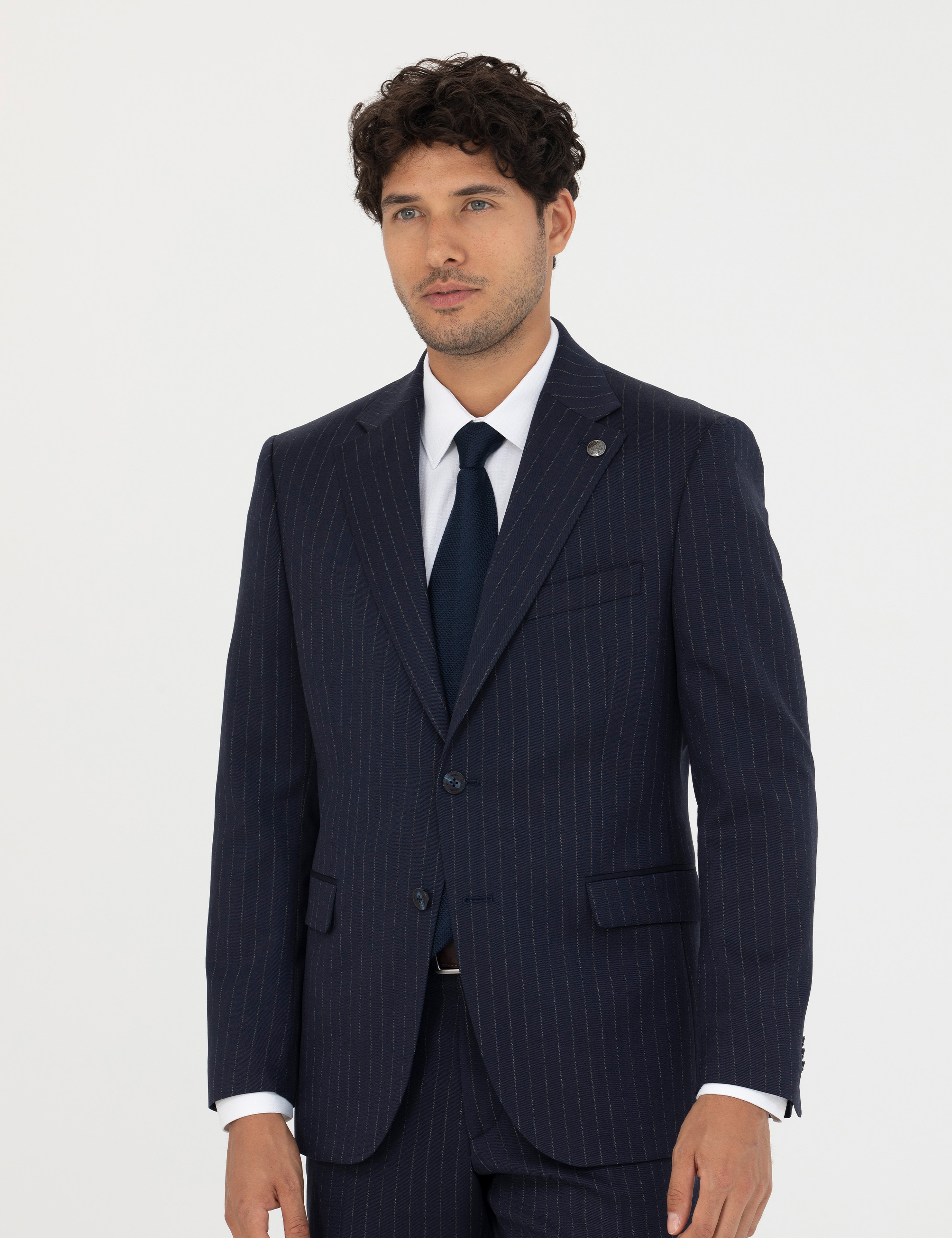 Lacivert Slim Fit Çizgili Yünlü Takım Elbise - Image 4