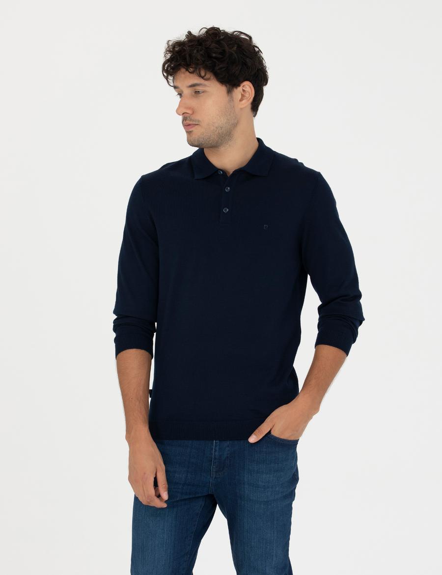Lacivert Regular Fit Polo Yaka Yün Karışımlı Basic Triko Kazak