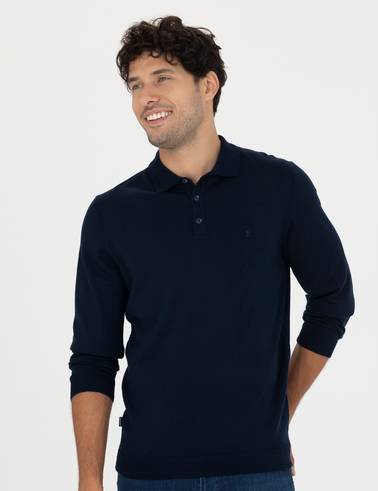 Lacivert Regular Fit Polo Yaka Yün Karışımlı Basic Triko Kazak