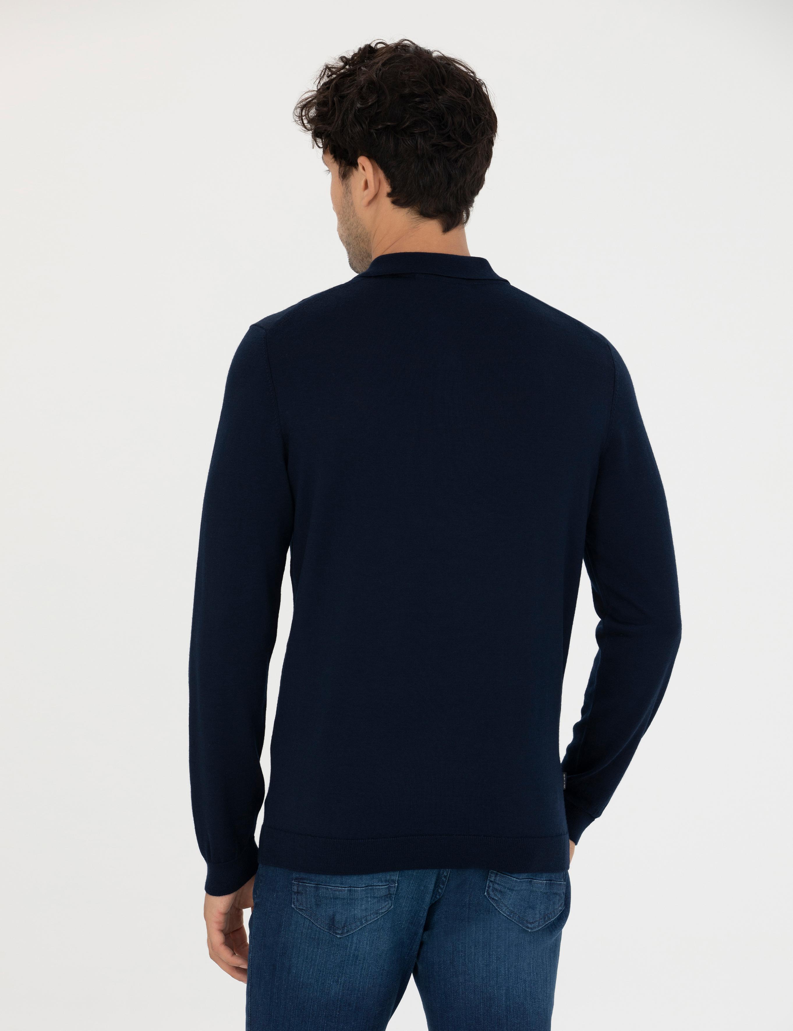 Lacivert Regular Fit Polo Yaka Yün Karışımlı Basic Triko Kazak