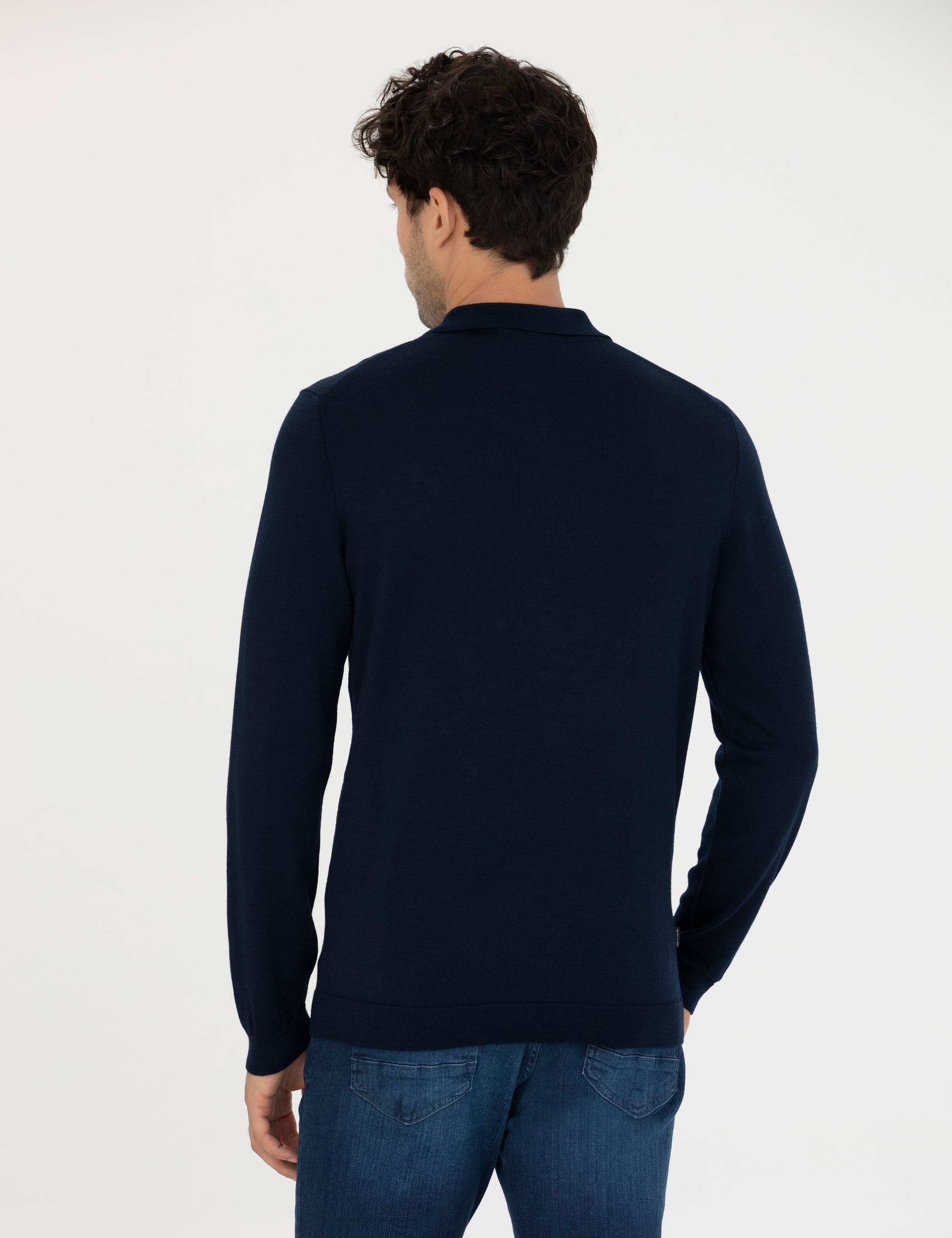Lacivert Regular Fit Polo Yaka Yün Karışımlı Basic Triko Kazak