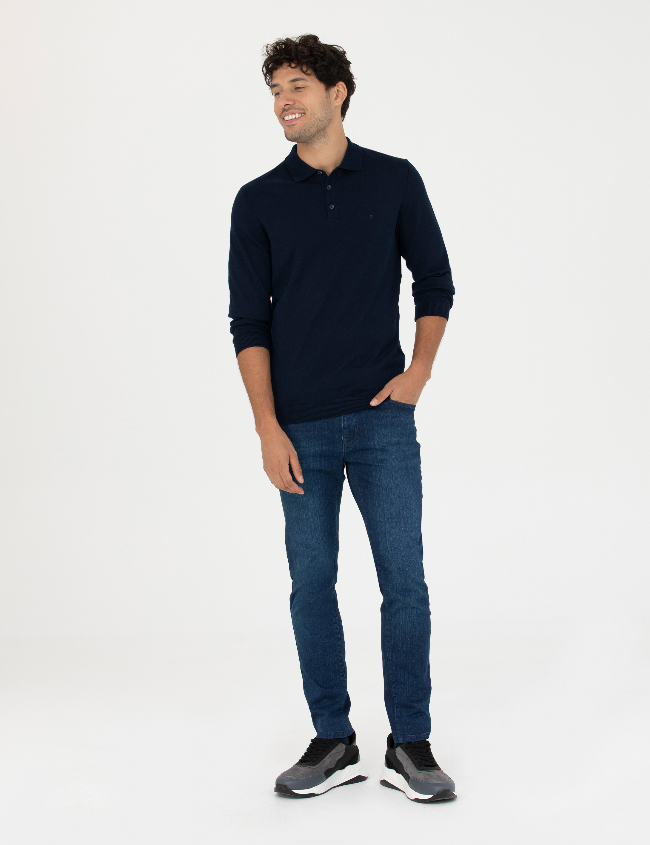 Lacivert Regular Fit Polo Yaka Yün Karışımlı Basic Triko Kazak