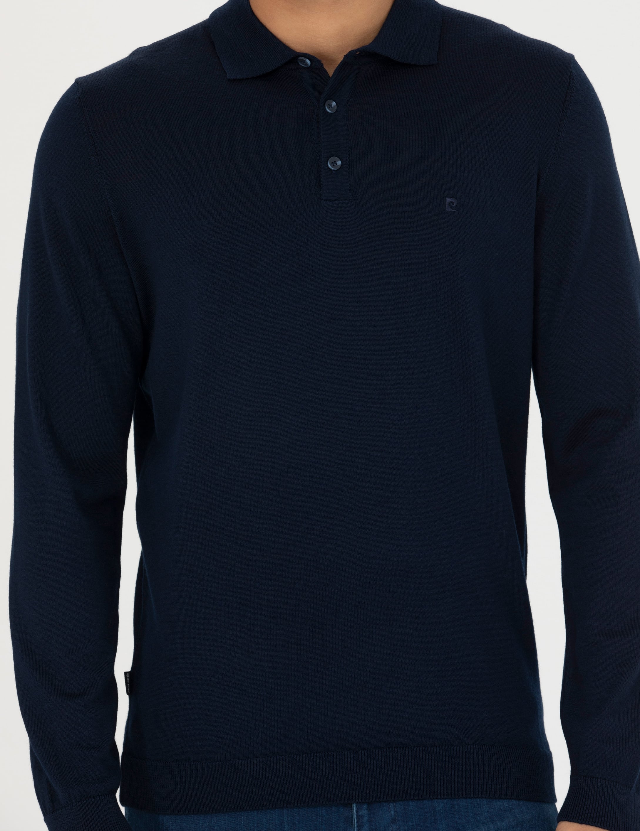 Lacivert Regular Fit Polo Yaka Yün Karışımlı Basic Triko Kazak