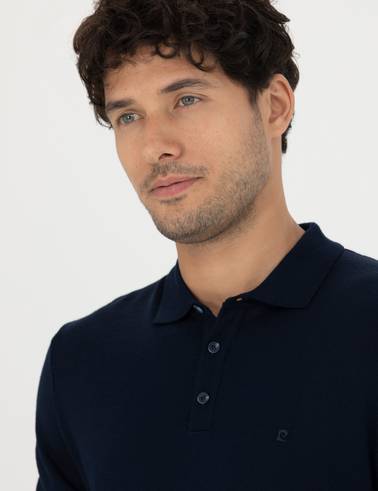 Lacivert Regular Fit Polo Yaka Yün Karışımlı Basic Triko Kazak