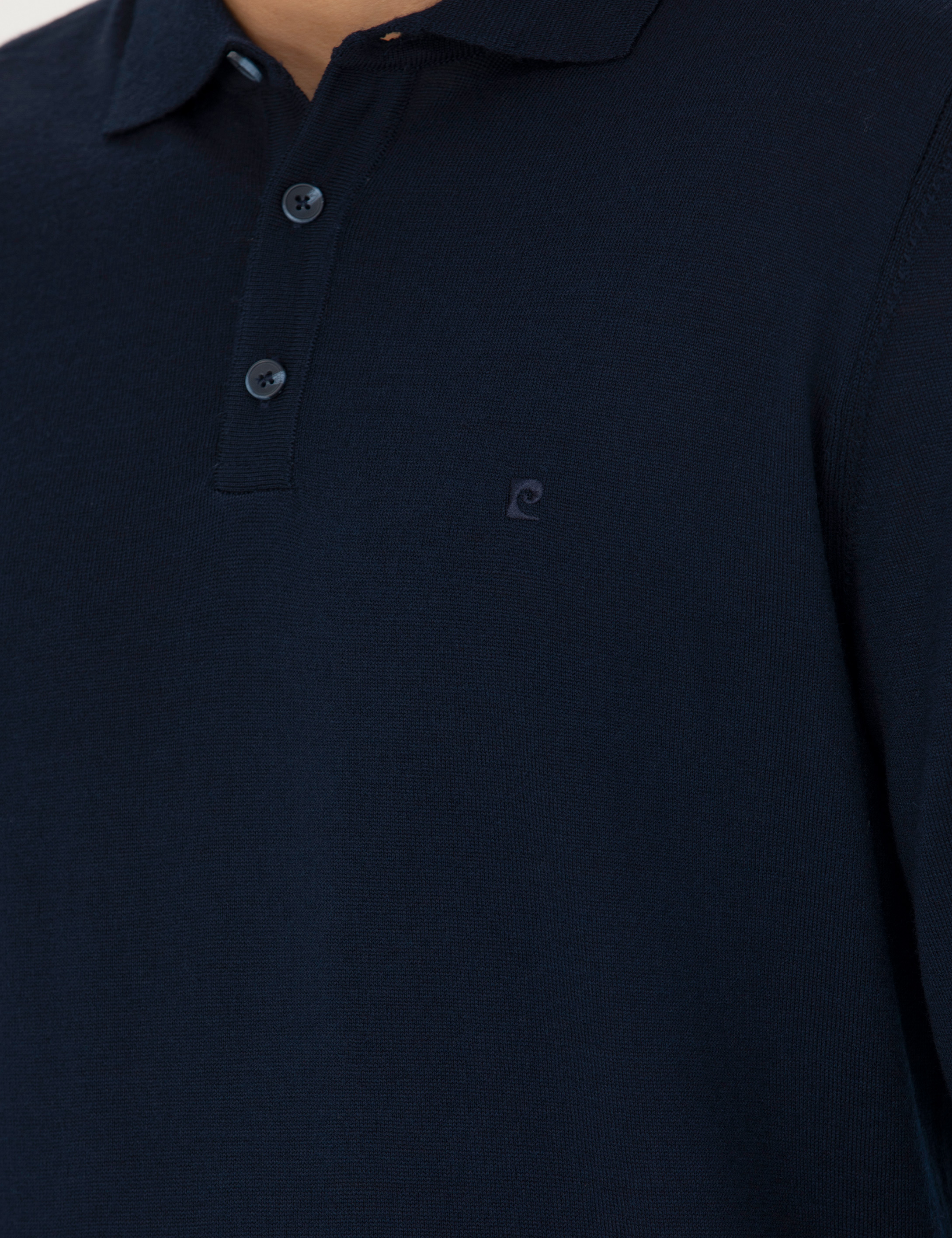 Lacivert Regular Fit Polo Yaka Yün Karışımlı Basic Triko Kazak
