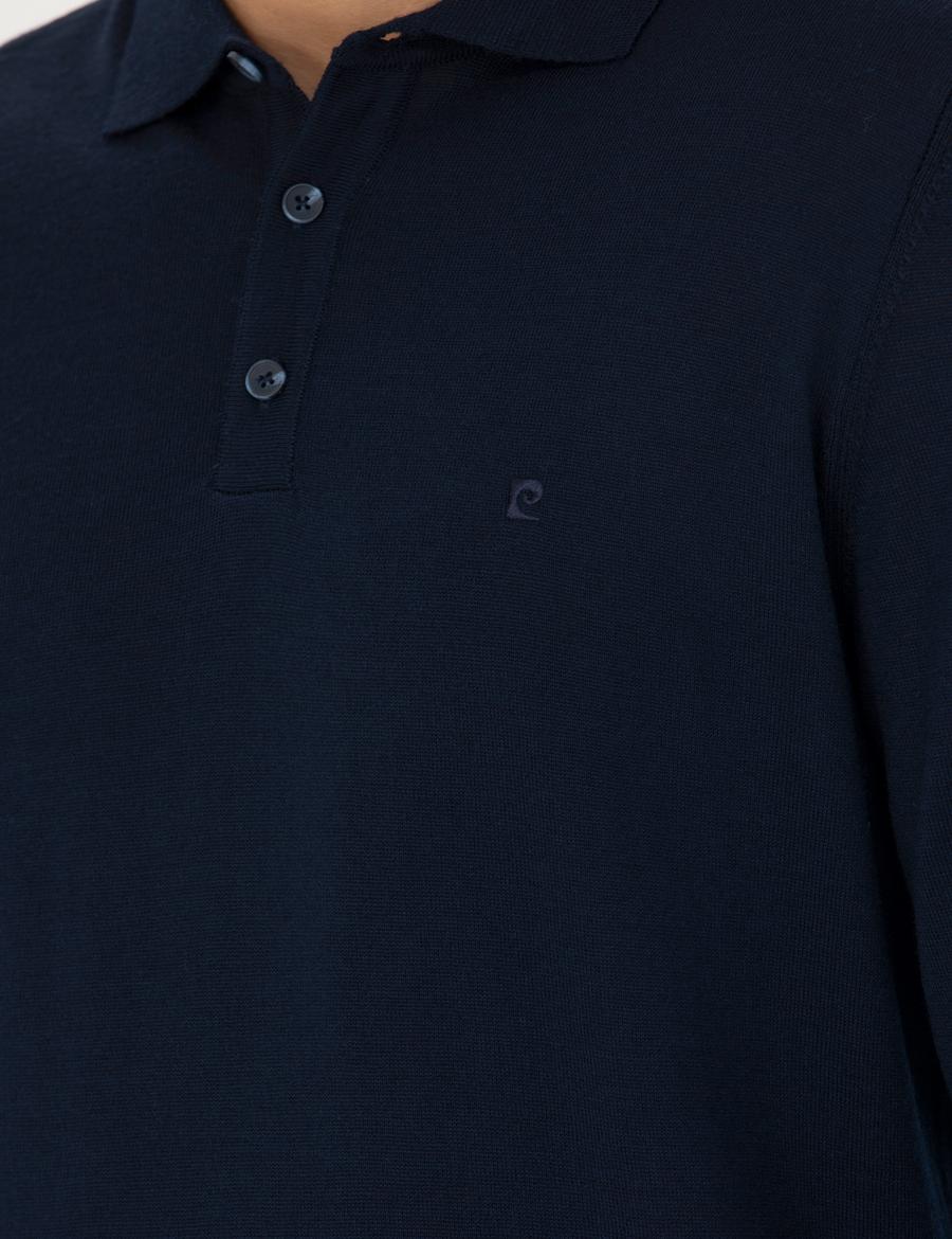 Lacivert Regular Fit Polo Yaka Yün Karışımlı Basic Triko Kazak