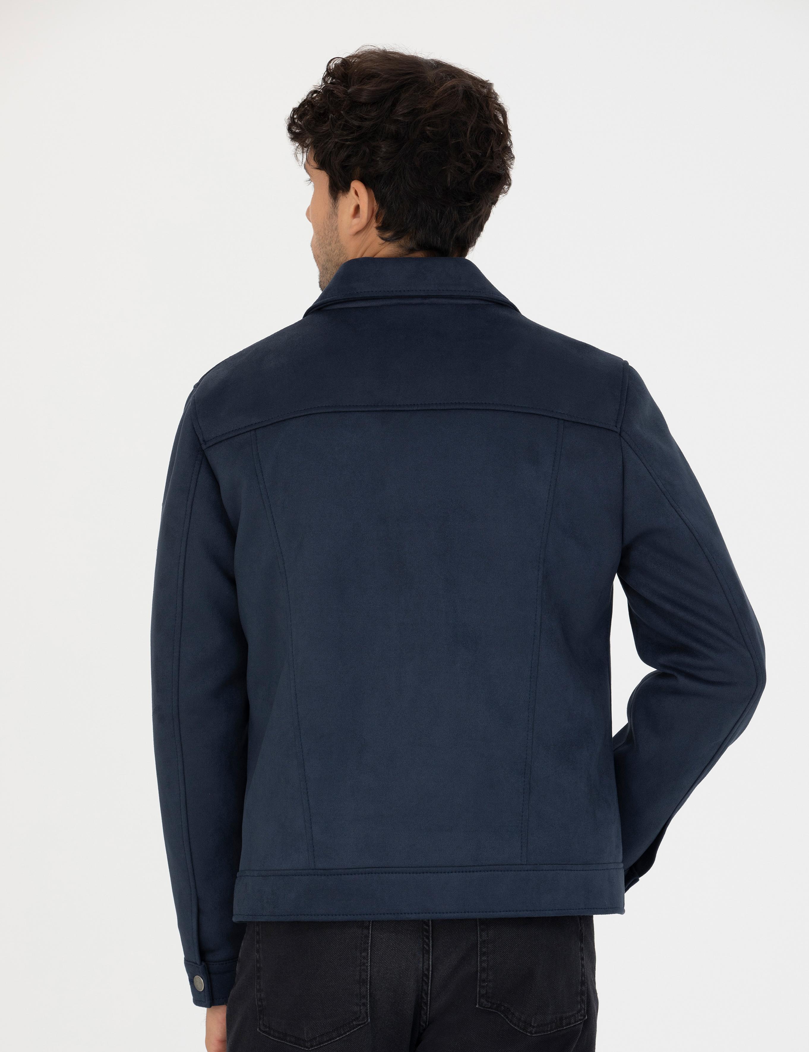 Lacivert Gömlek Yaka Suni Deri Ceket