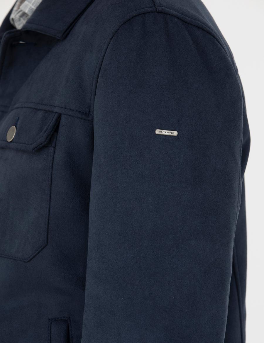 Lacivert Gömlek Yaka Suni Deri Ceket