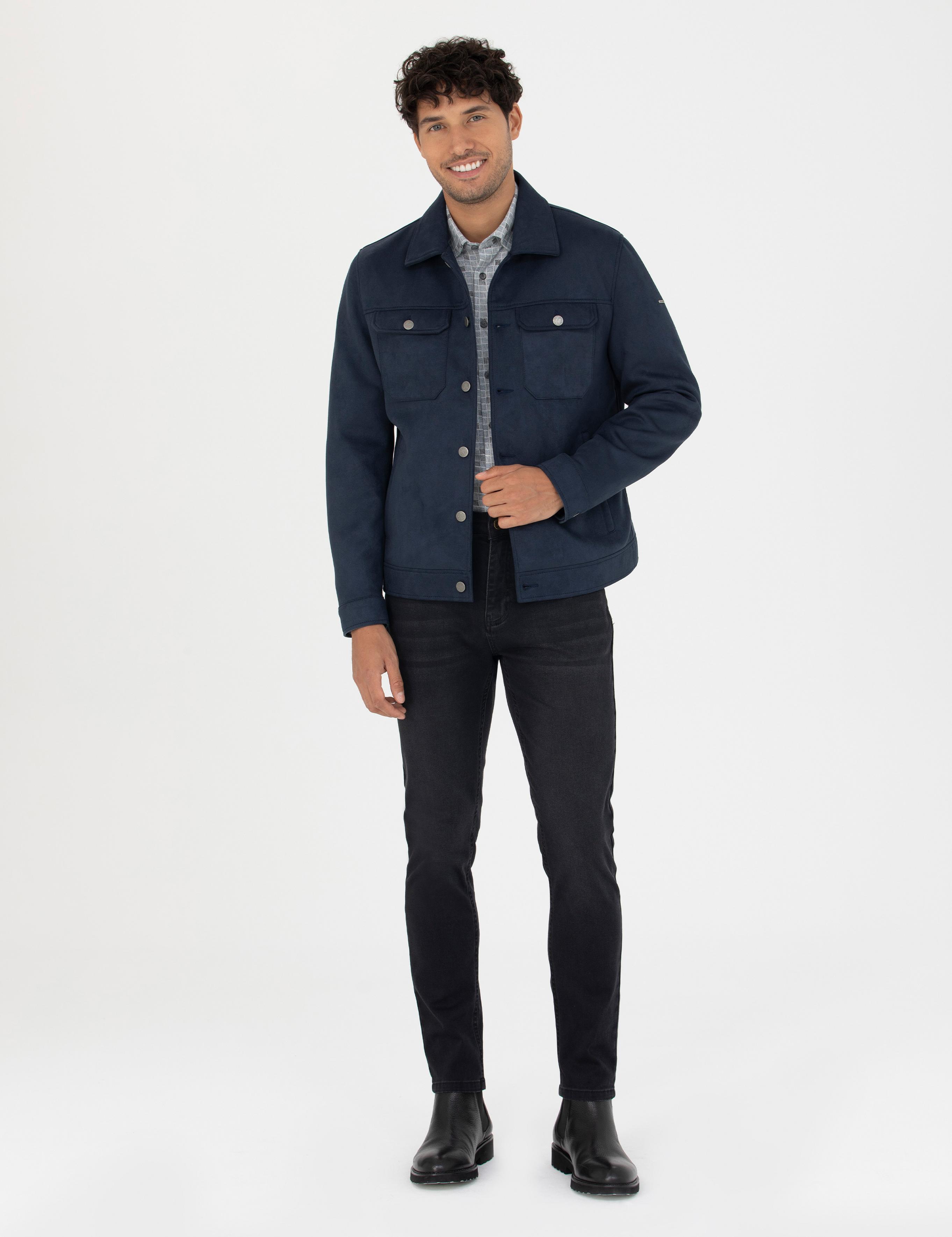 Lacivert Gömlek Yaka Suni Deri Ceket