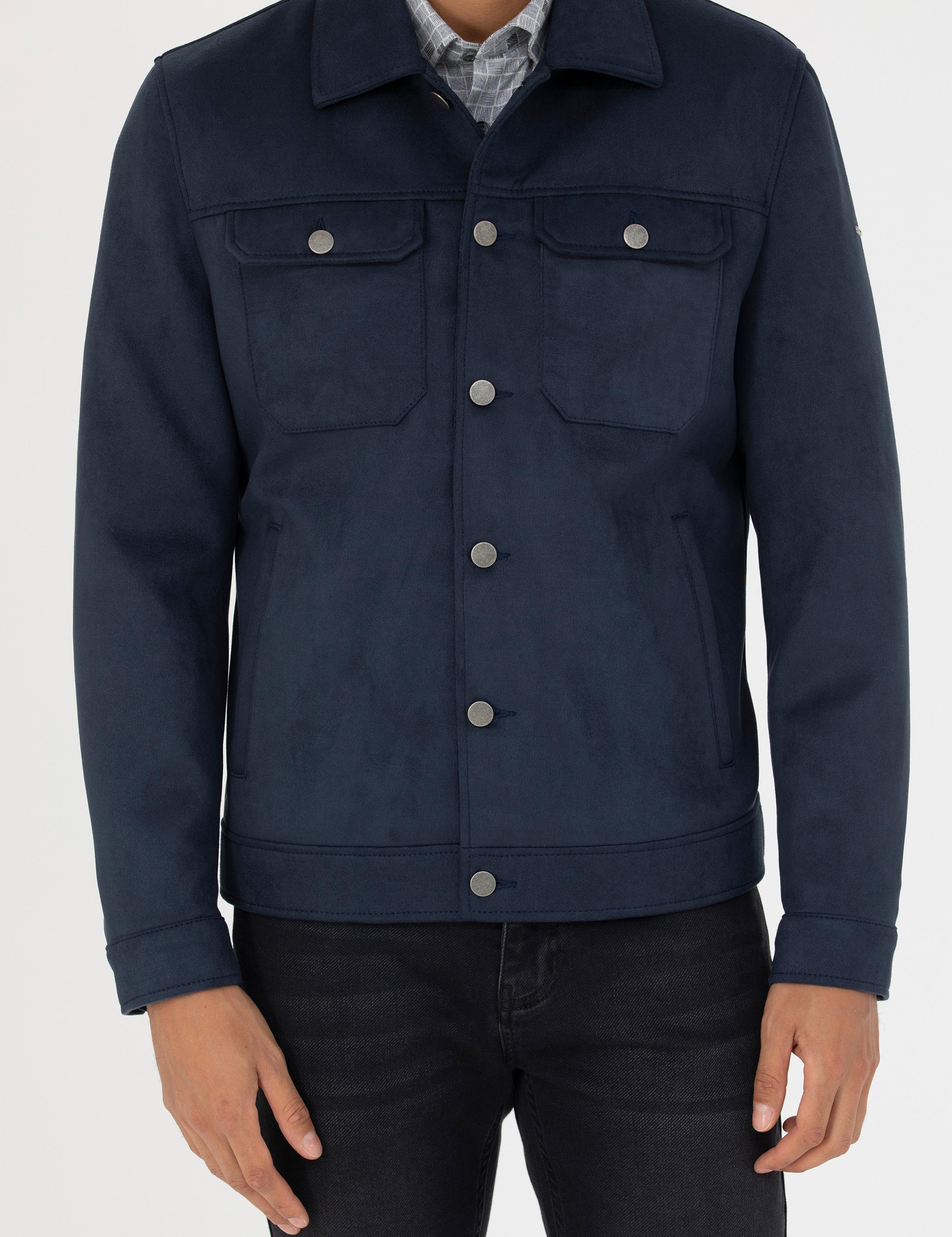 Lacivert Gömlek Yaka Suni Deri Ceket