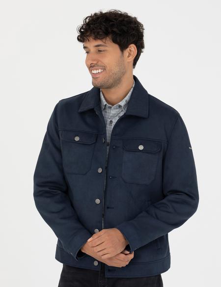 Lacivert Gömlek Yaka Suni Deri Ceket - 50280297007