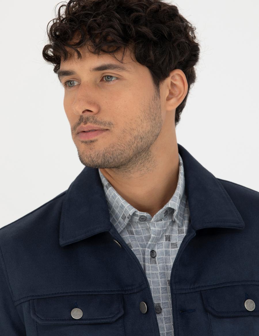 Lacivert Gömlek Yaka Suni Deri Ceket