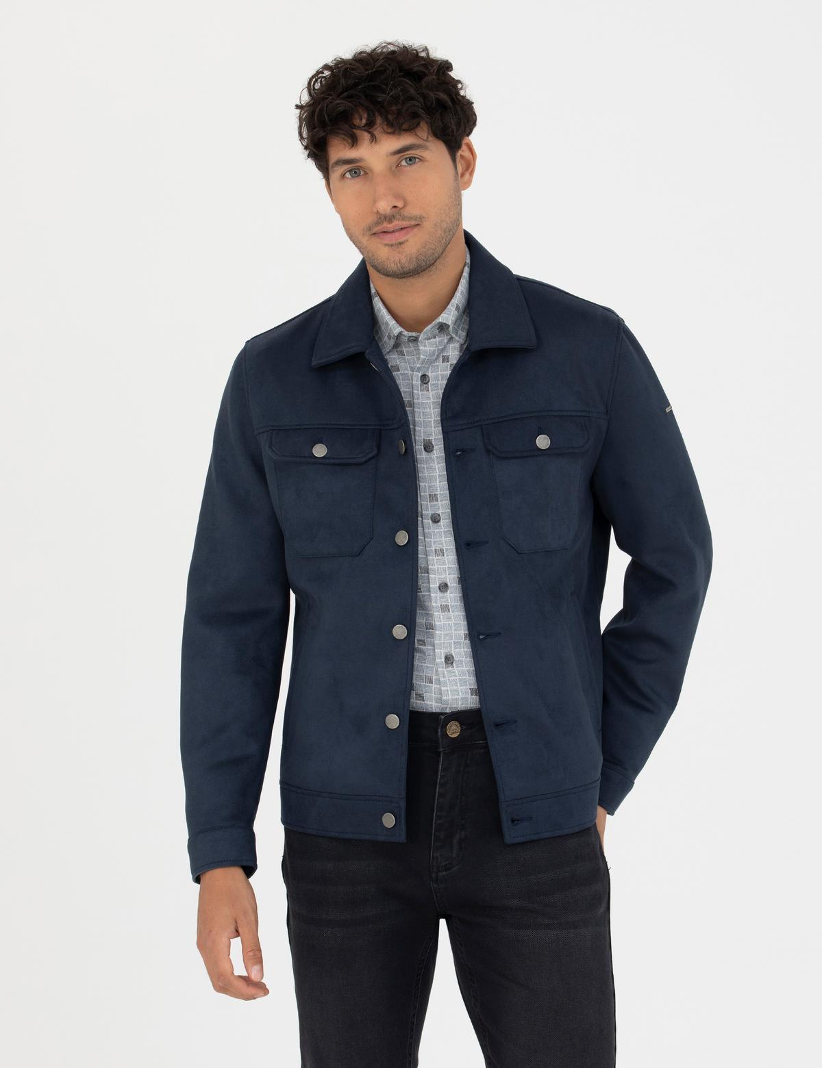 Lacivert Gömlek Yaka Suni Deri Ceket